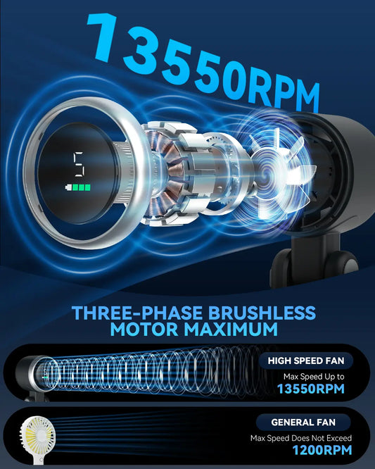 High-speed portable fan with 13550RPM brushless motor for powerful airflow