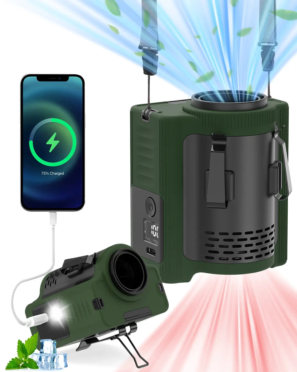 Rechargeable waist fan with built-in phone charger for on-the-go cooling and convenience