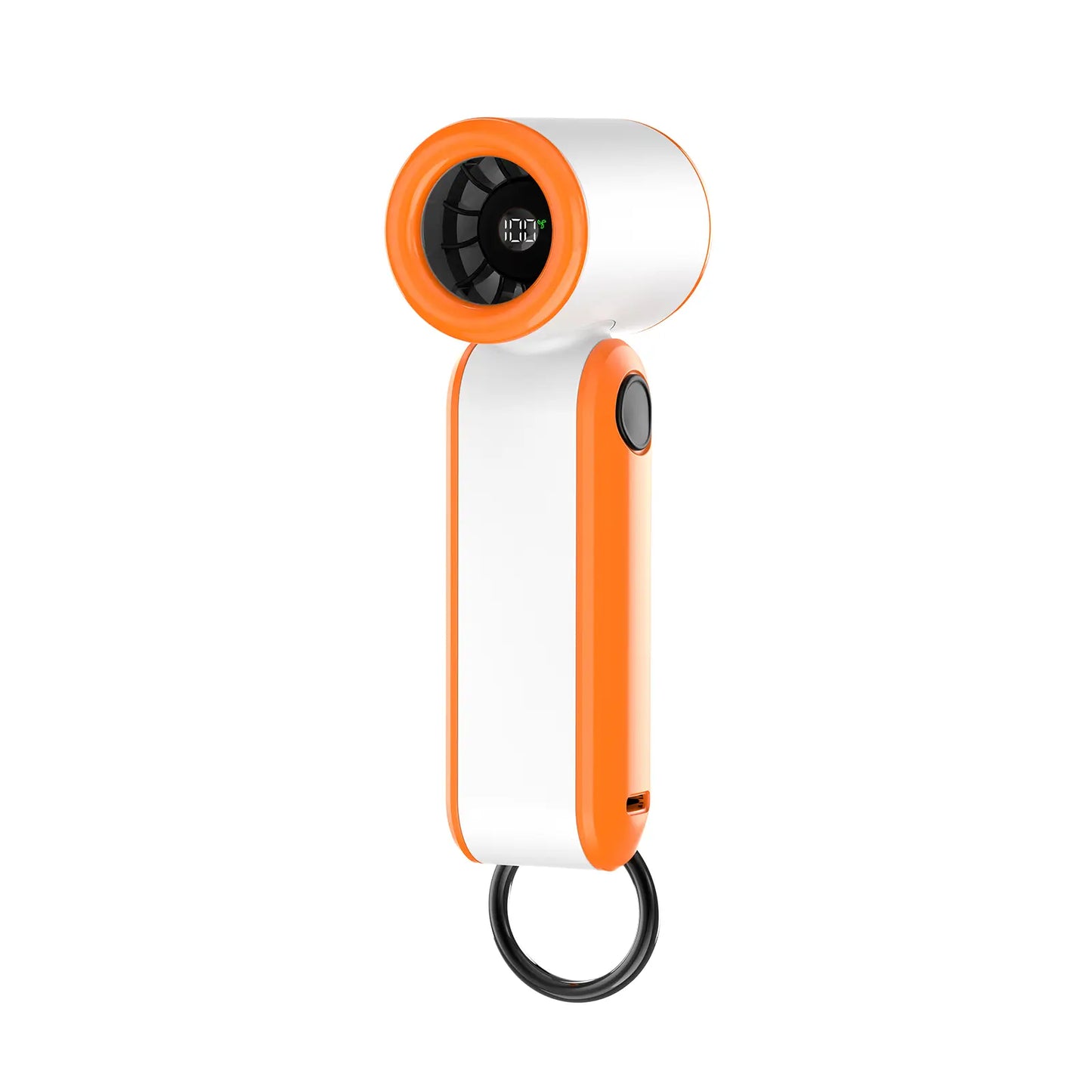 Rechargeable handheld fan in a sleek white and orange design, perfect for summer outdoor activities