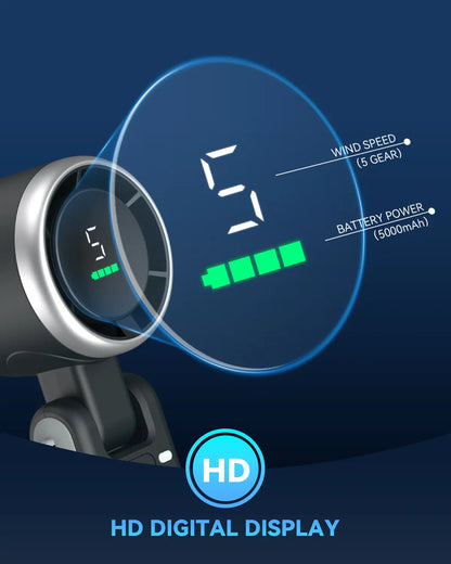 Portable fan featuring HD digital display showing wind speed and battery life
