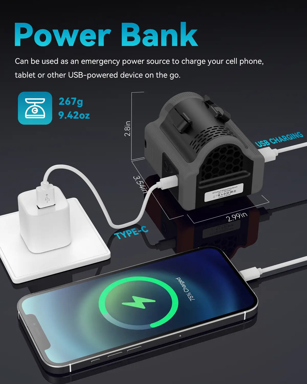 Portable waist fan with power bank, charging devices while providing cooling air for outdoor comfort
