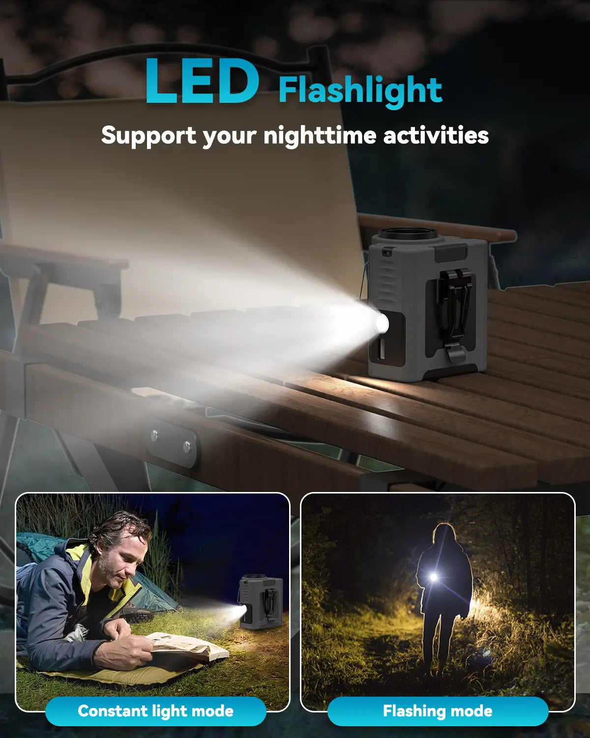 Portable waist fan with built-in LED light, ideal for nighttime use and outdoor adventures