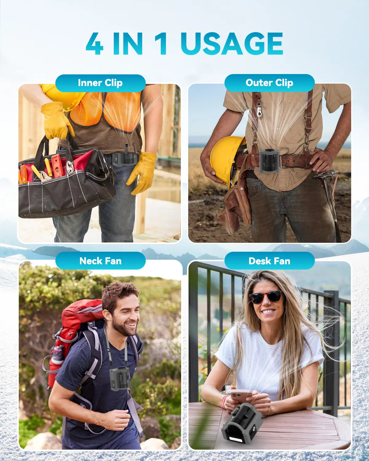 Wearable waist fan, ideal for hiking, camping, or outdoor sports, offering refreshing cooling