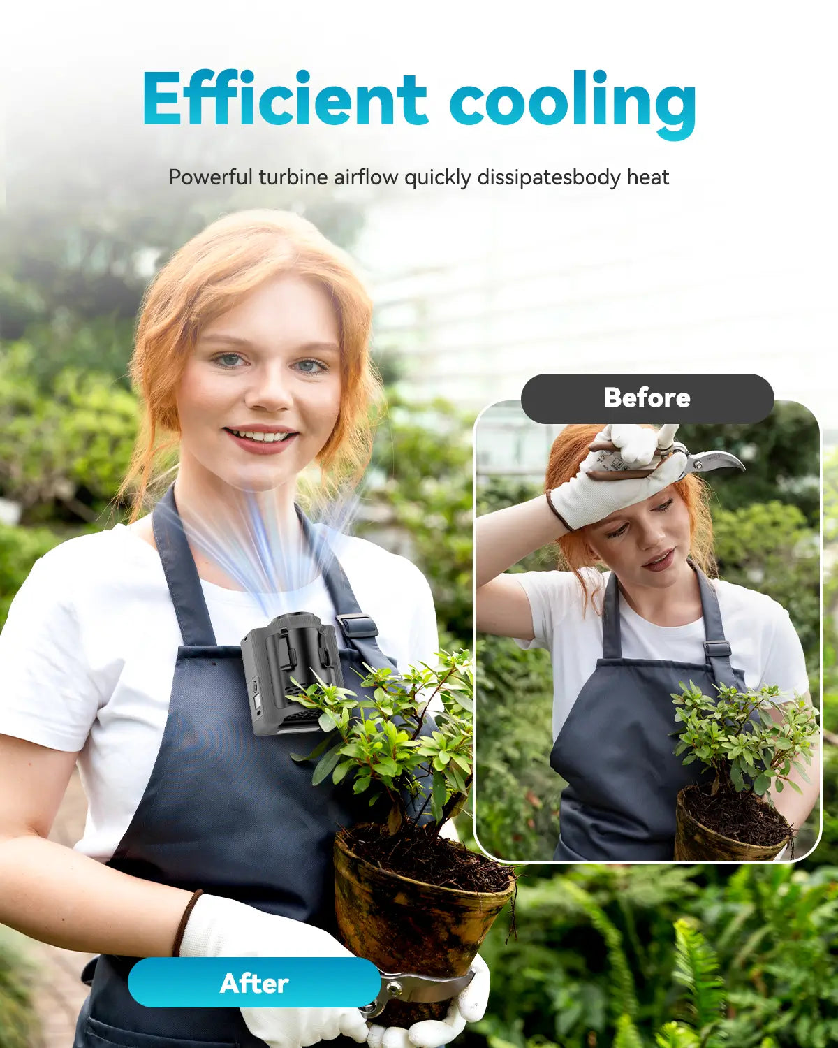 Portable waist fan providing instant cooling relief, perfect for outdoor workers or garden enthusiasts
