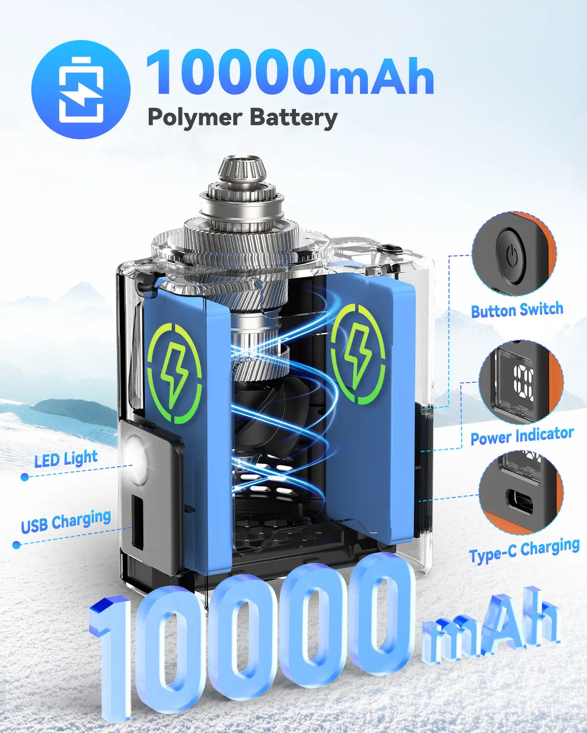 10000mAh Rechargeable Battery – 30 Hours of Continuous Cooling on Low Speed