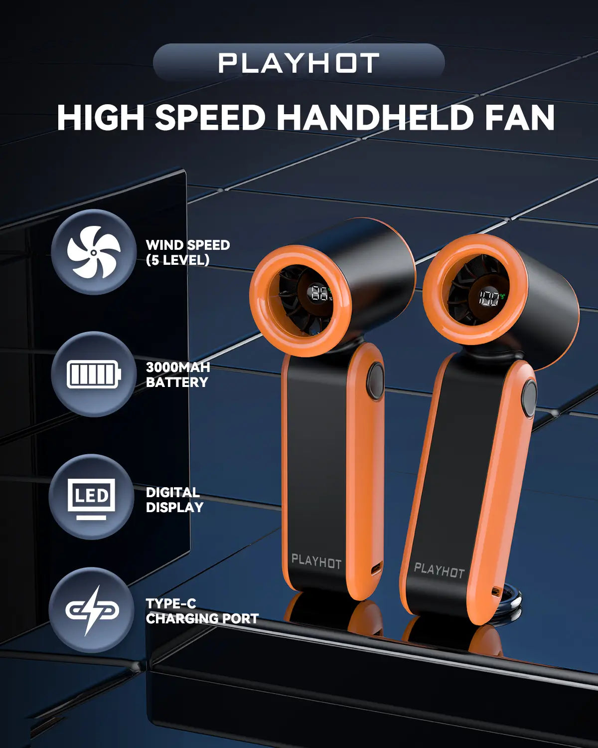 High-speed mini turbo fan with digital display, 5 wind speeds, and a 3000mAh battery for long-lasting airflow