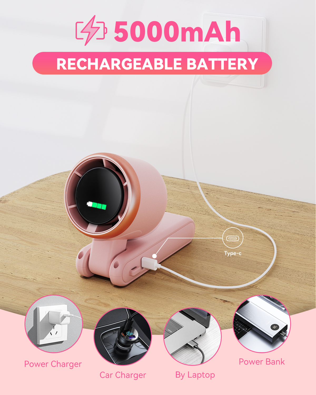 Portable Turbo Fan - 5 Speeds, 20H Battery, Ultra-Cooling