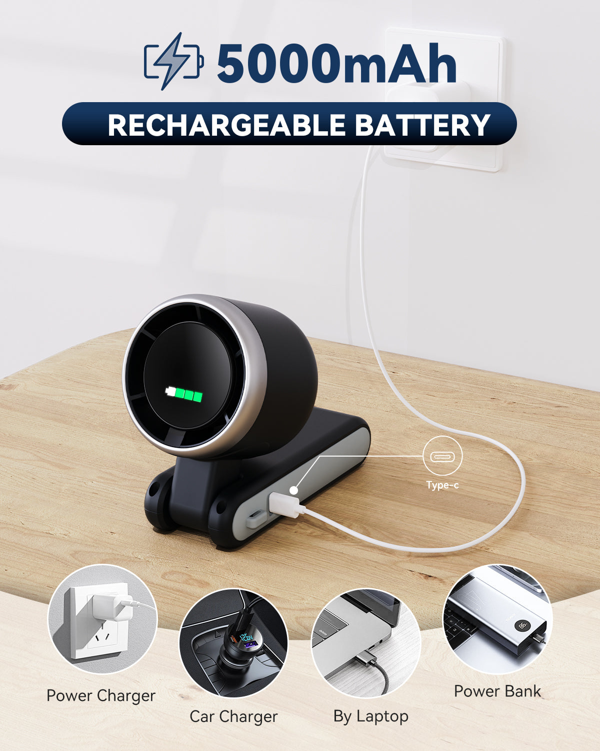 Portable Turbo Fan - 5 Speeds, 20H Battery, Ultra-Cooling