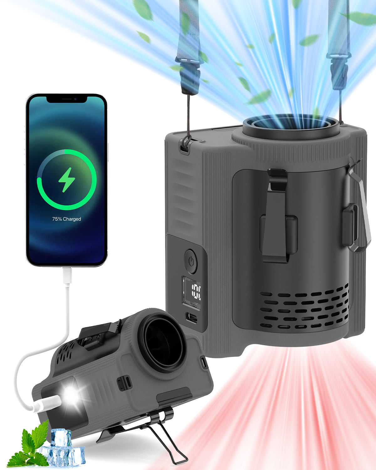 Portable Waist Fan - 5 Speeds, 40H Battery, 16,600 RPM